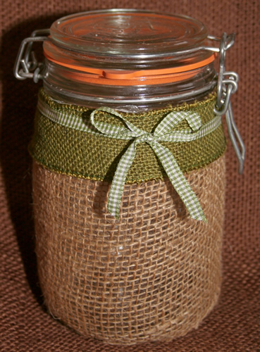 Grandma's Burlap Jar with Green Ribbon